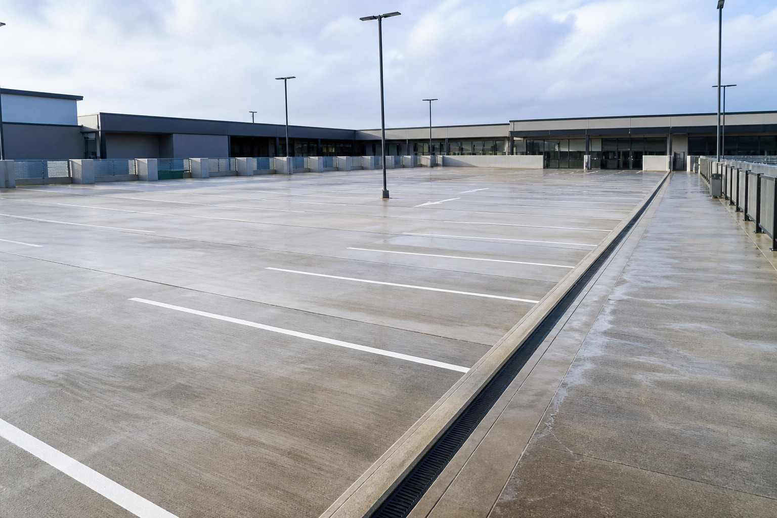 Wide commercial parking area with clean concrete surfacing and crisp painted bay markings