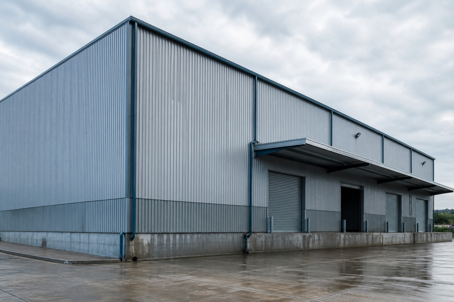 Large industrial factory and warehouse building with clean steel cladding under an overcast sky