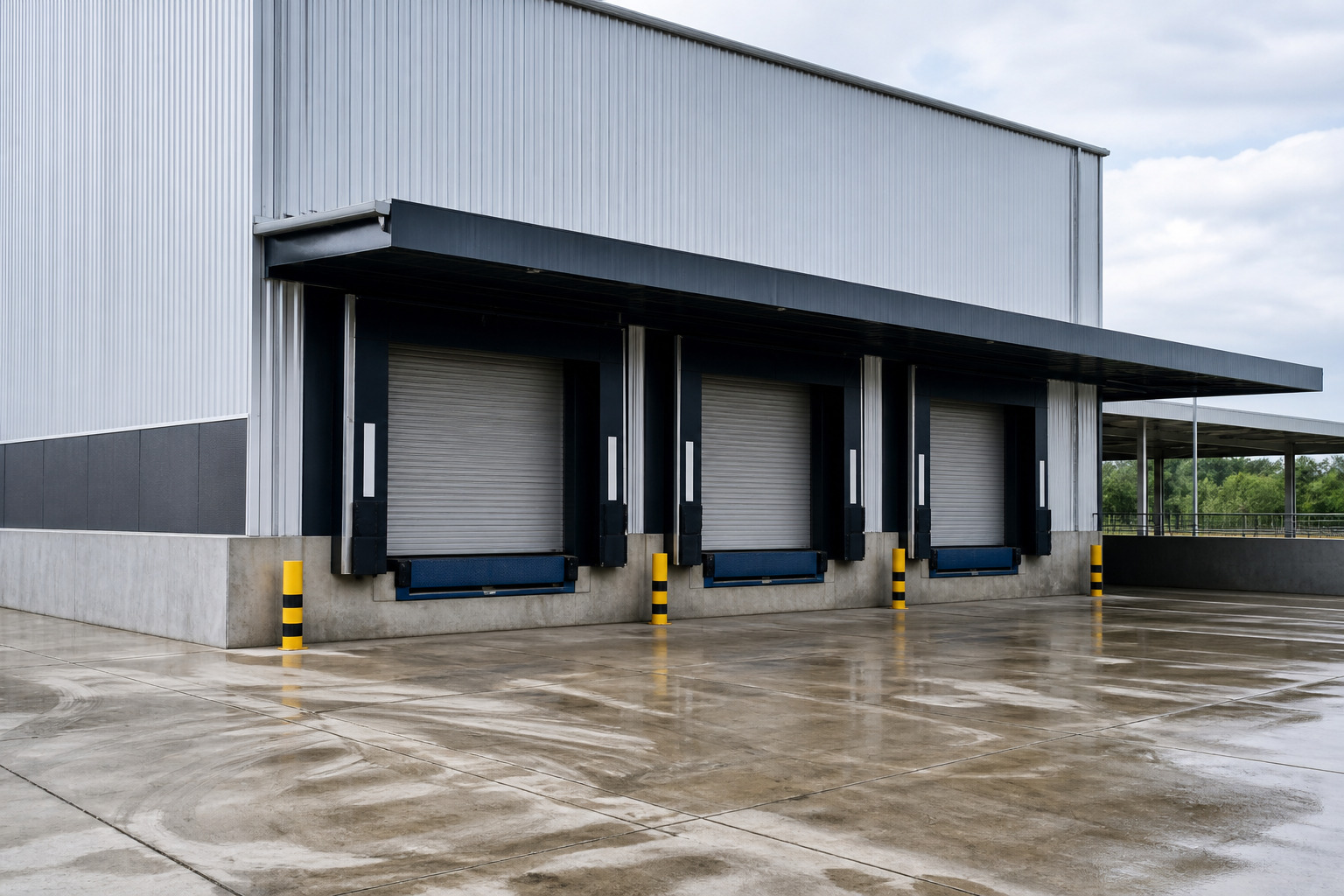 Loading and dispatch bays with roller-shutter doors above a clean concrete manoeuvring yard