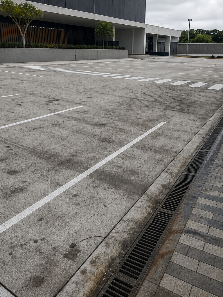 Commercial parking bays with heavily stained and soiled concrete before cleaning