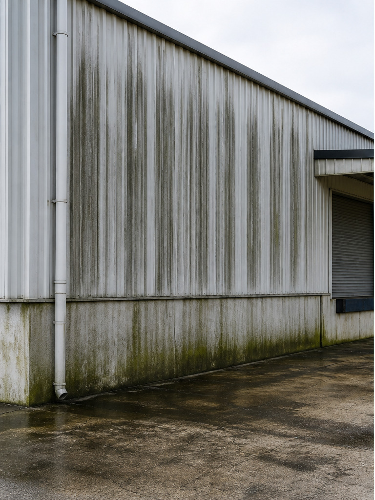 Warehouse exterior wall streaked with dirt and algae running down the cladding before cleaning