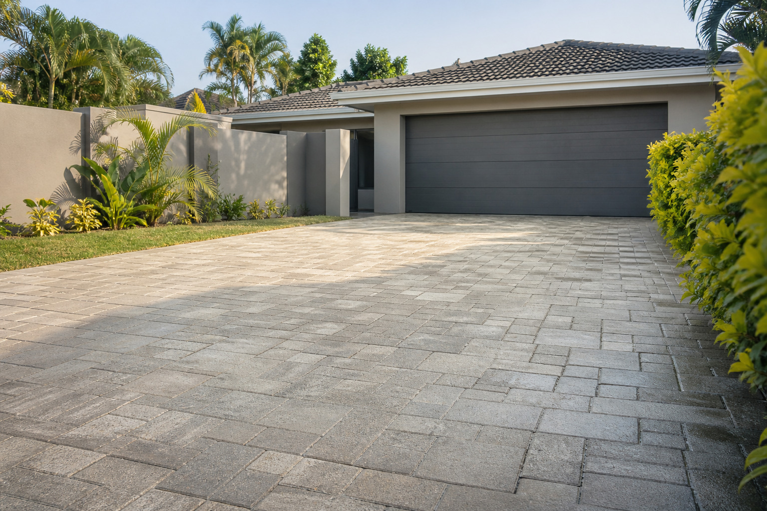 Interlocking paved residential driveway leading to a double garage, bordered by subtropical planting