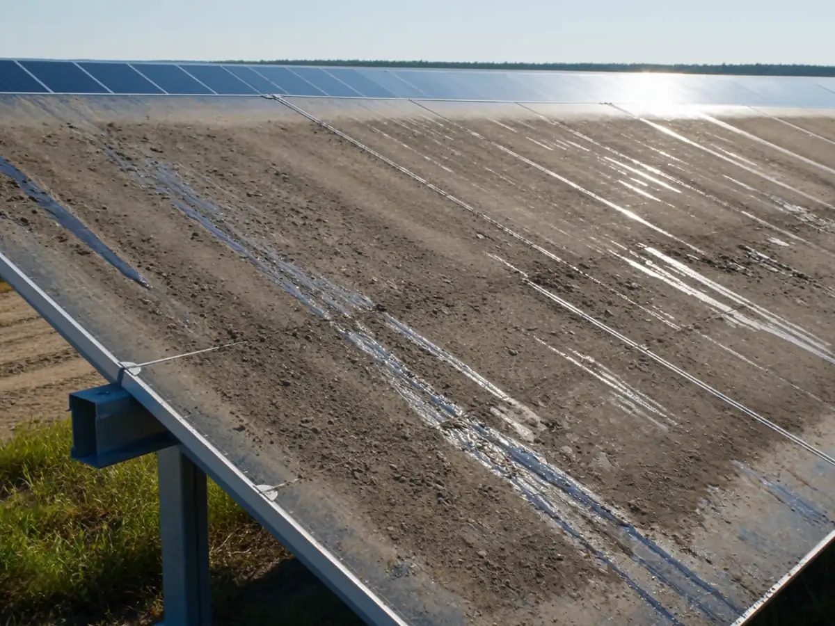 Utility-scale solar array coated in dried dust and soil, obscuring the panel glass