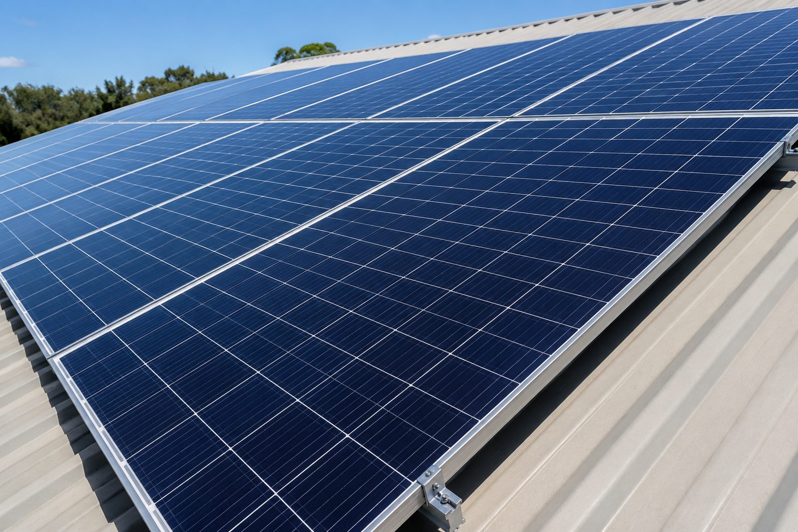 Clean rooftop solar array on a commercial building under a clear sky